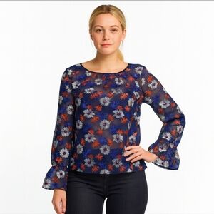 Ella Moss Floral Embroidered Long-Sleeve Sheer Blouse S